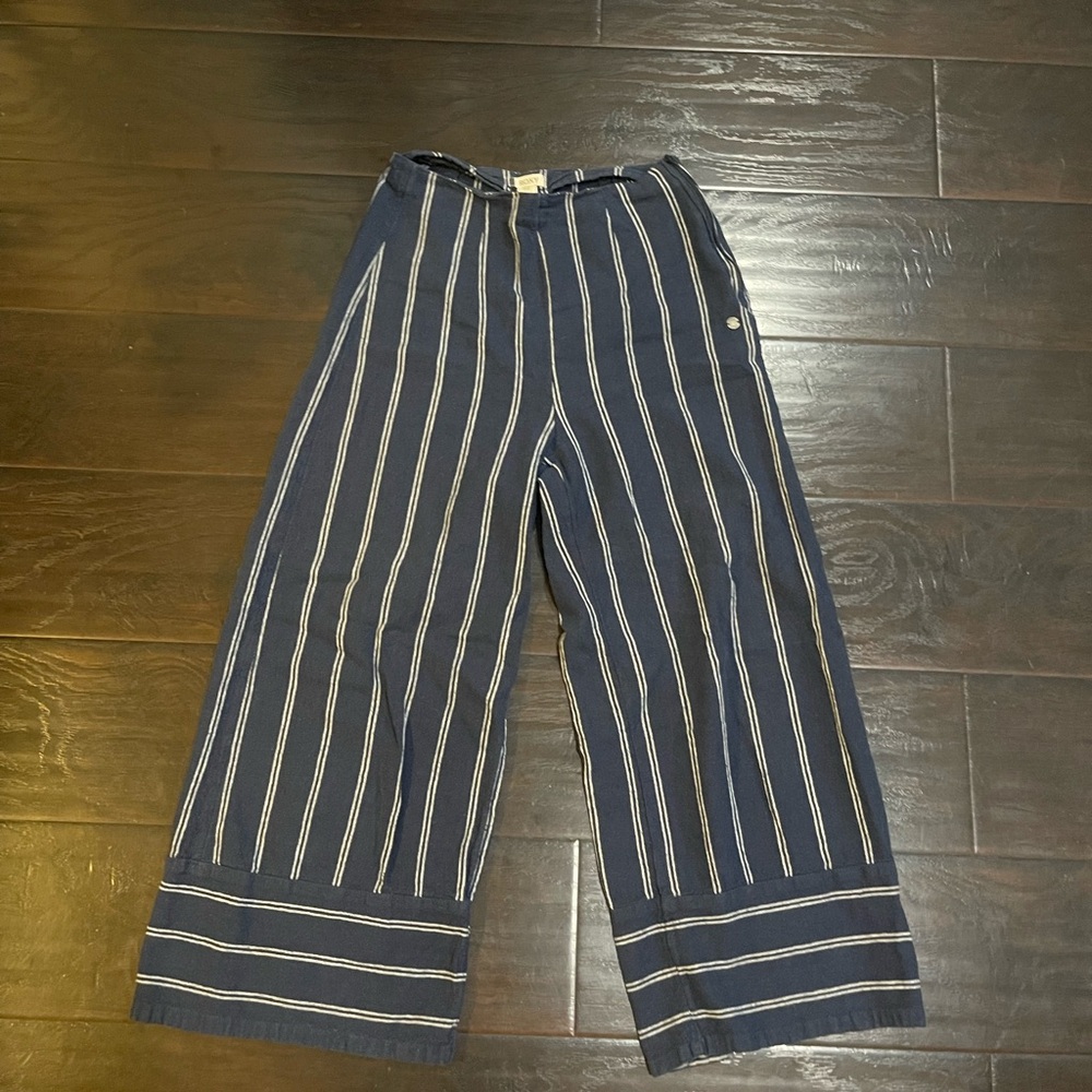 Roxy Tell Me Ok High Waist Linen Blend Navy Striped Pants XS Wide Leg Nautical